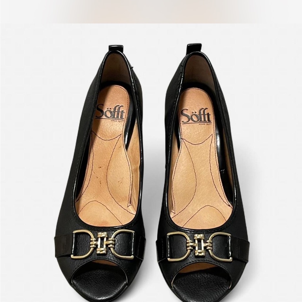 Söfft Black Leather Peep Toe Wedge Heels Gold Buckle 6.5M Womens